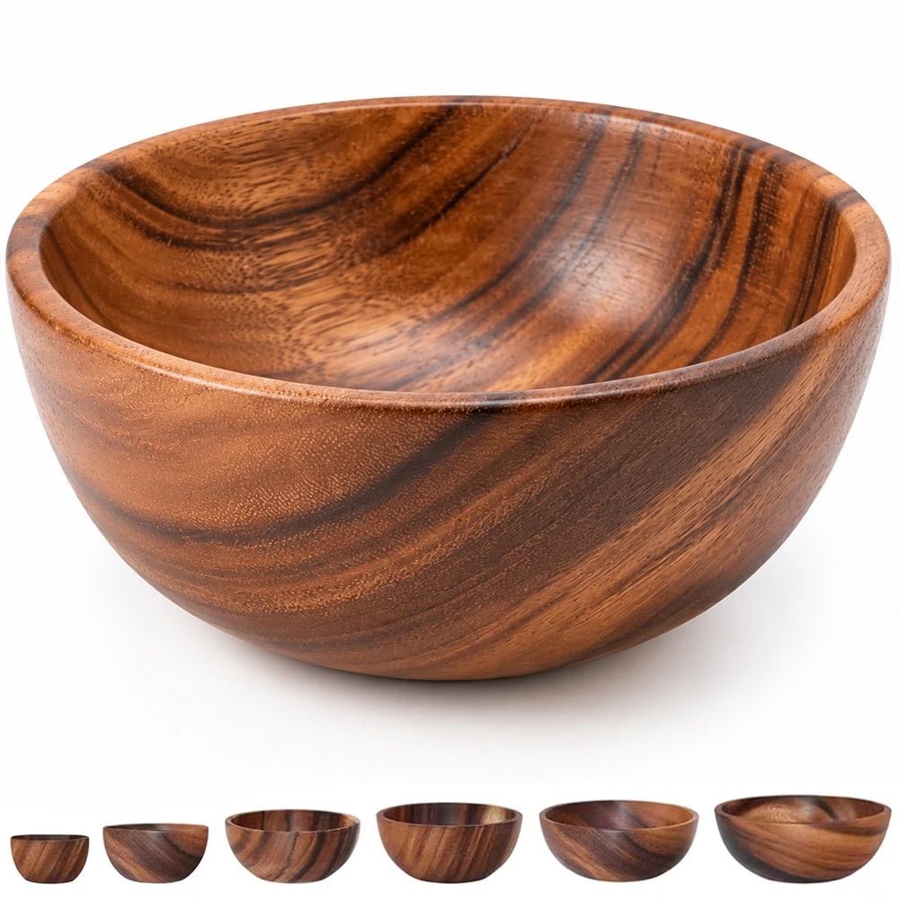 Solid Acacia Wood Serving Bowl for Salads, Snacks & Fruit | One-Piece Hand-Finished Wooden Bowl | Food-Safe Kitchen Tableware, 250ml–1100ml