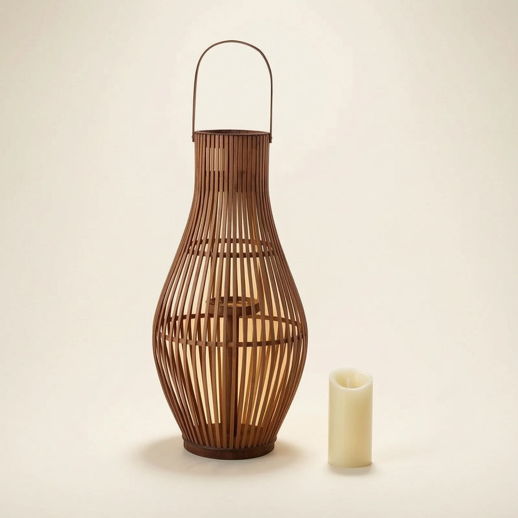 Bamboo Floor Lantern for Patio, Garden & Living Room | Handwoven Boho Lantern with LED Candle | Rustic Decorative Lighting, Small or Large