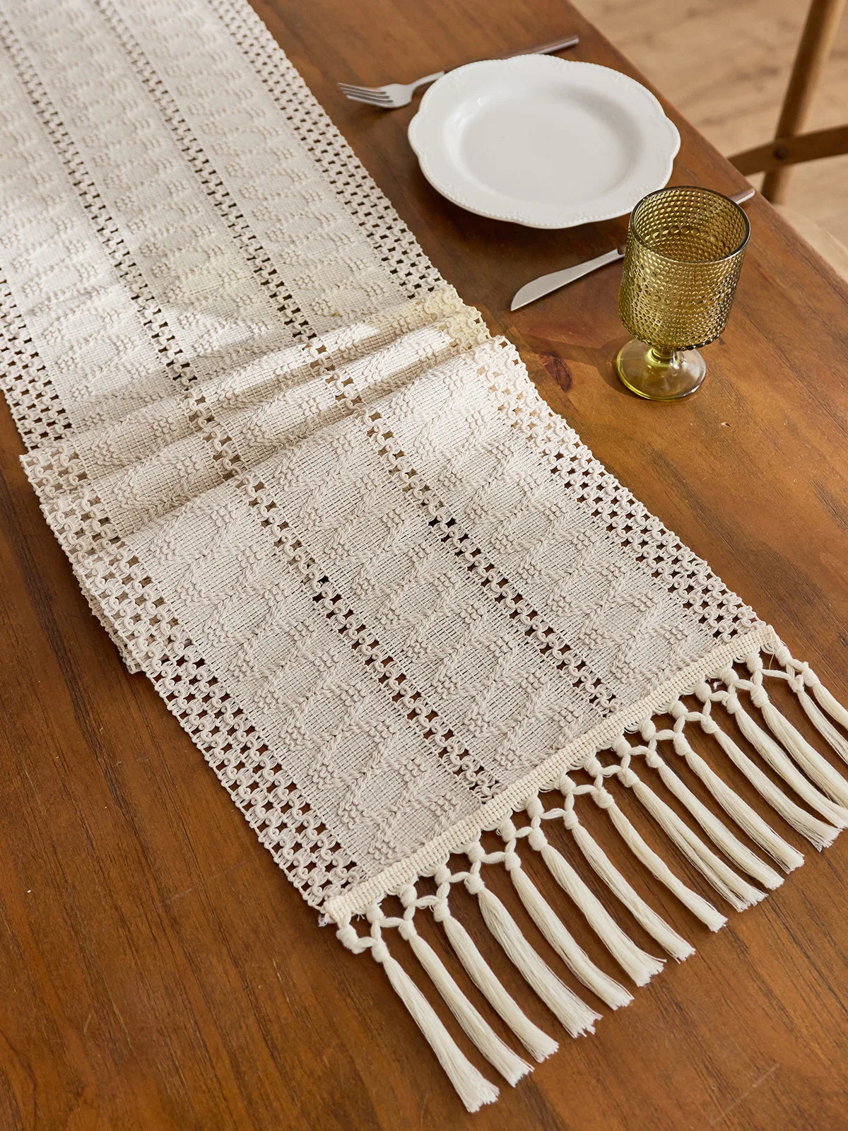 Boho Table Runner with Tassels for Kitchen & Dining Table | Beige Woven Farmhouse Table Runner | Rustic Table Decor, 9 Sizes 30x50cm to 30x300cm