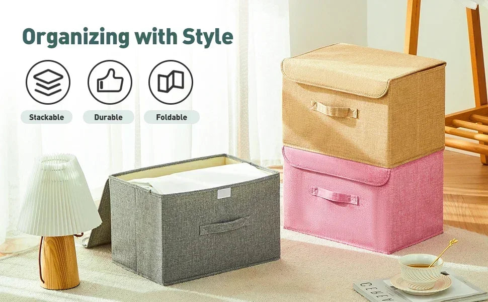Foldable Cotton Linen Storage Box with Lid for Closet, Nursery & Shelves | Washable Fabric Storage Bin | Toy & Clothes Organiser, 2 Sizes