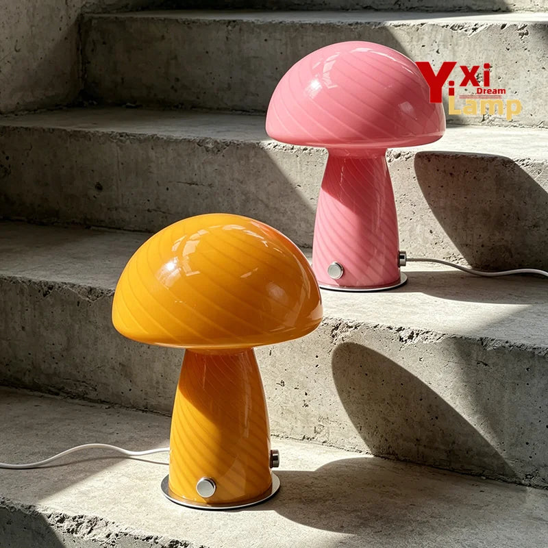 Murano-Style Glass Mushroom Lamp for Bedside & Living Room | Mid-Century Retro Table Lamp | Dimmable Plug-in LED, Swirl or Solid Designs