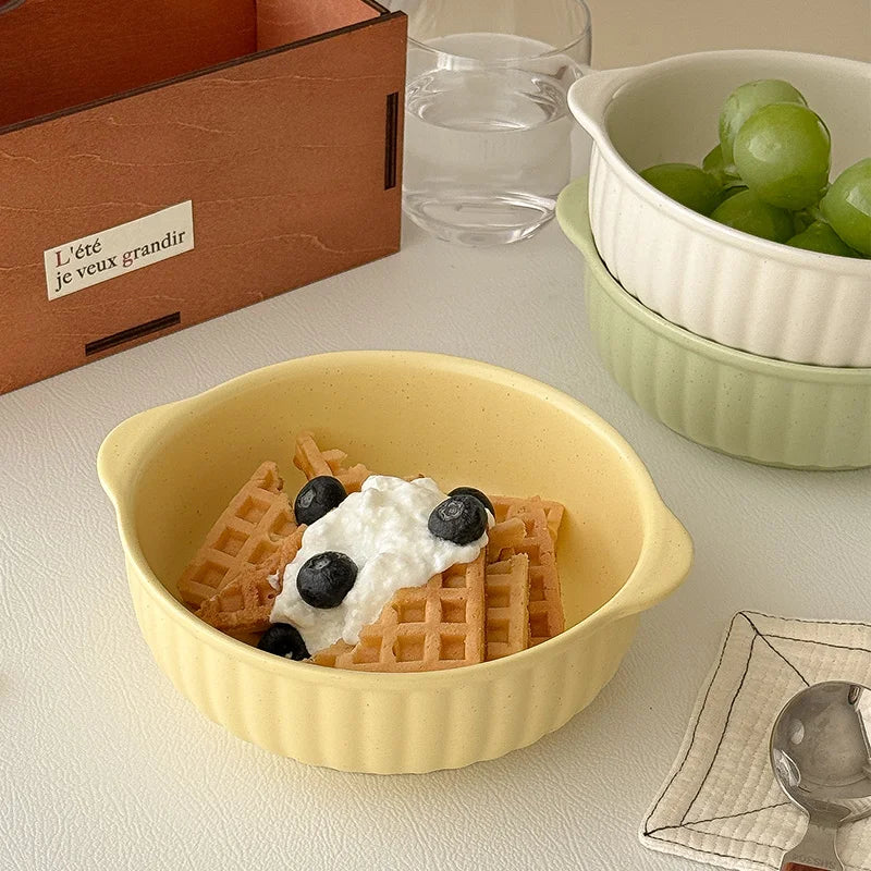 Large Ceramic Bowl with Double Handles for Soup, Salad & Noodles | Microwave & Oven Safe Porcelain Tableware | Minimalist Kitchen Bowl, 3 Colours