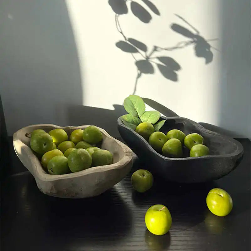 Solid Wood Decorative Tray for Entryway, Dining Table & Coffee Table | Vintage Shaped Wooden Fruit & Jewellery Plate | Rustic Home Decor Bowl, 2 Styles