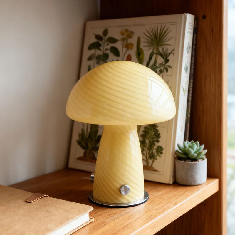 Murano-Style Glass Mushroom Lamp for Bedside & Living Room | Mid-Century Retro Table Lamp | Dimmable Plug-in LED, Swirl or Solid Designs