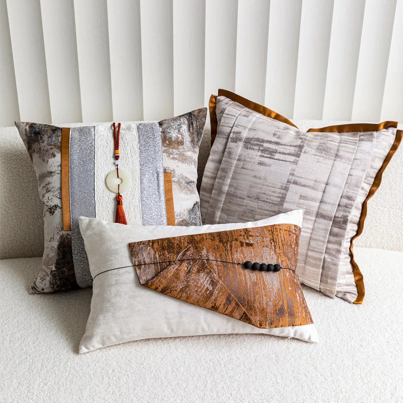 Wabi-Sabi Patchwork Throw Pillow Cover for Living Room & Bedroom | Earth Tone Textured Cushion | Minimalist Bedroom Decor