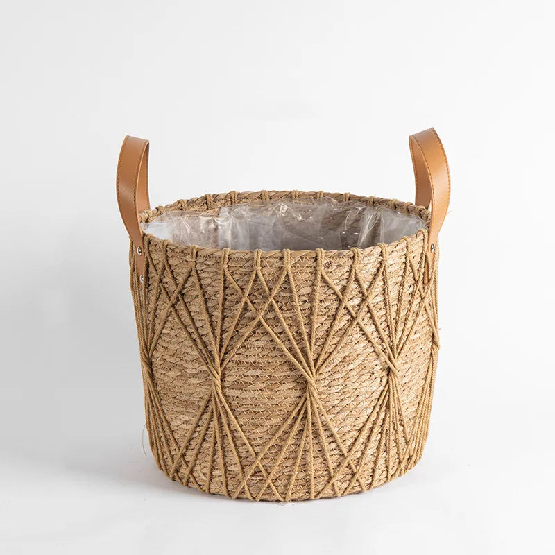 Seagrass Planter Basket with Handles for Indoor Plants & Patio | Natural Woven Plant Pot Cover | Boho Storage Basket, 25cm or 29cm