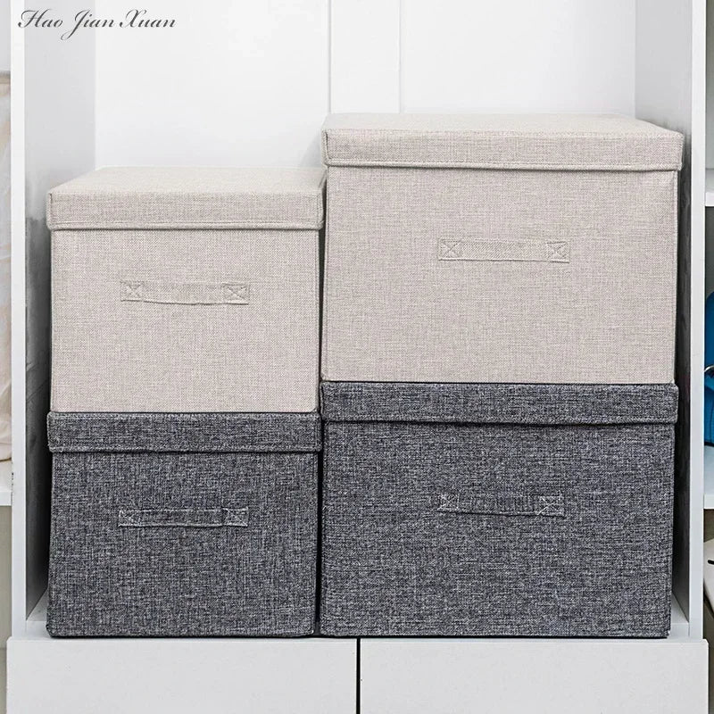 Foldable Cotton Linen Storage Box with Lid for Closet, Nursery & Shelves | Washable Fabric Storage Bin | Toy & Clothes Organiser, 2 Sizes