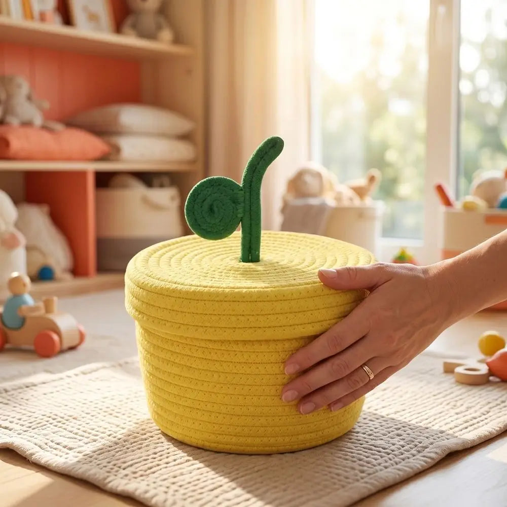 Small Cotton Rope Basket with Lid for Desk, Shelf & Bathroom | Hand-Woven Round Storage Basket | Colourful Lidded Organiser, 20x14cm