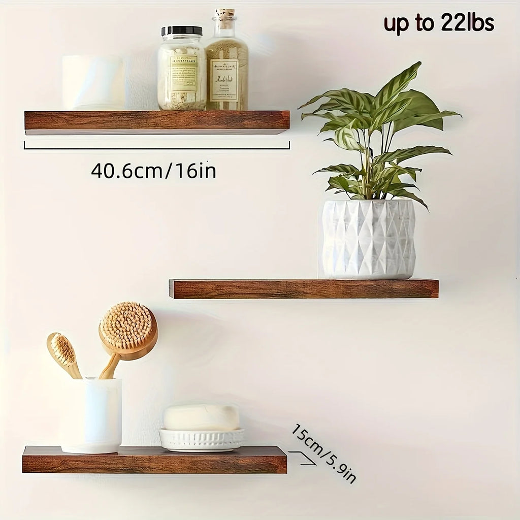 Wooden Floating Shelves with Invisible Brackets for Living Room, Bedroom & Bathroom | Sturdy Wall Mounted Shelf | Brown, Black or White
