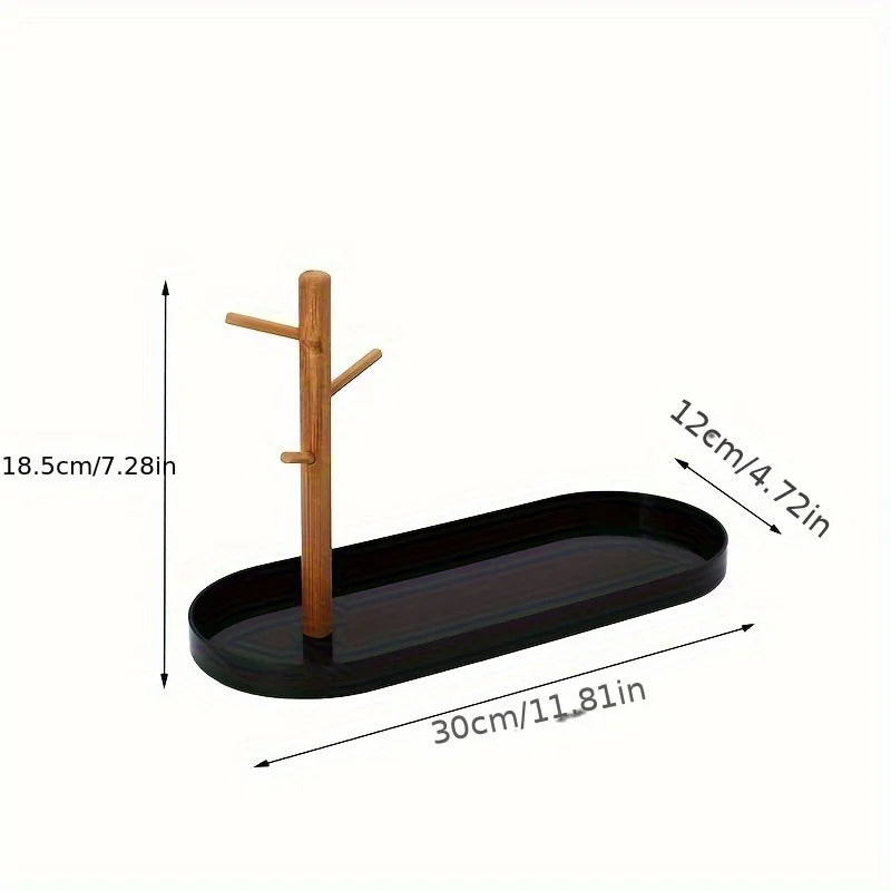 Entryway Key Tray with 3-Tier Wooden Hanging Rack | Key Bowl, Ring Holder & Jewellery Dish Organiser | Minimalist White or Black