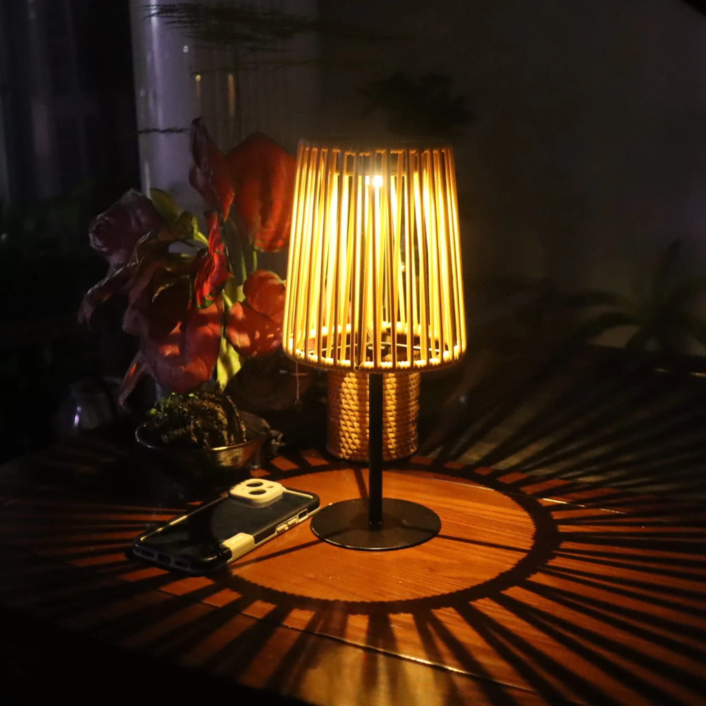 Rattan Solar Table Lamp for Patio, Garden & Coffee Table | Hand-Woven Cordless Outdoor Lamp | Indoor Outdoor Decorative Light