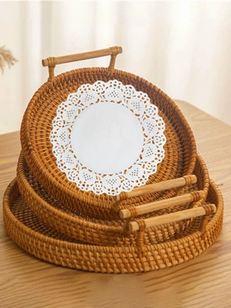 Woven Rattan Bread Basket with Strap Handle for Kitchen & Dining Table | Round Serving Tray for Fruit, Snacks & Picnics | S, M, L or Set of 3