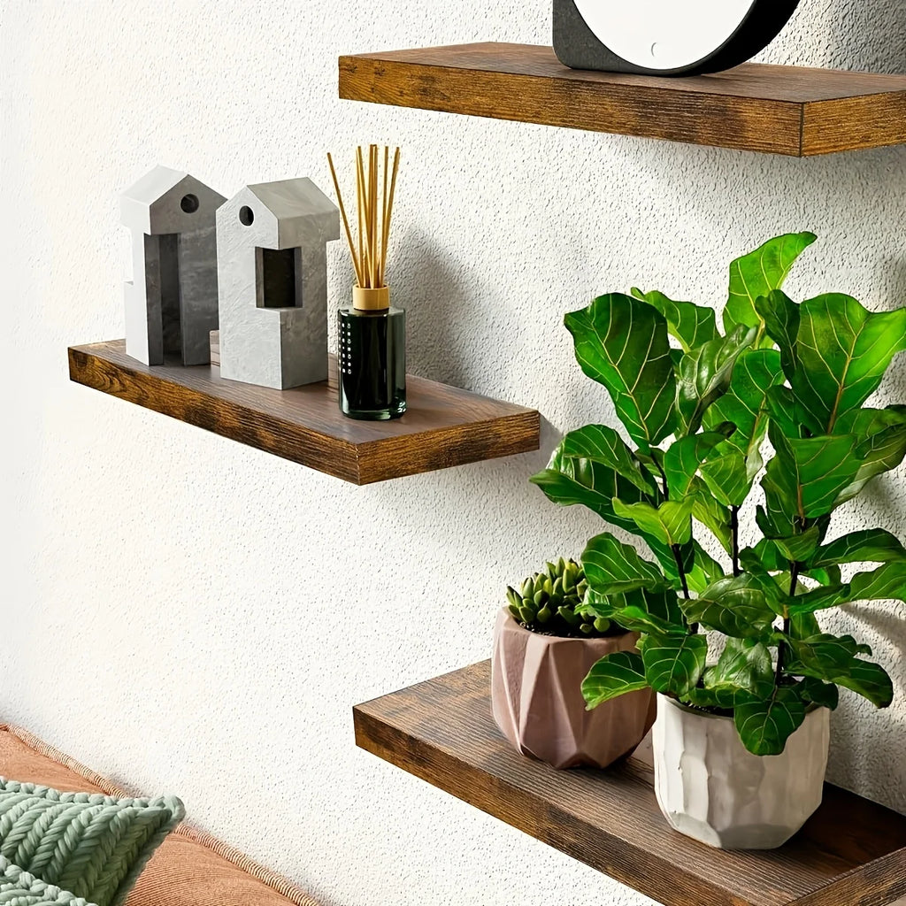 Wooden Floating Shelves with Invisible Brackets for Living Room, Bedroom & Bathroom | Sturdy Wall Mounted Shelf | Brown, Black or White