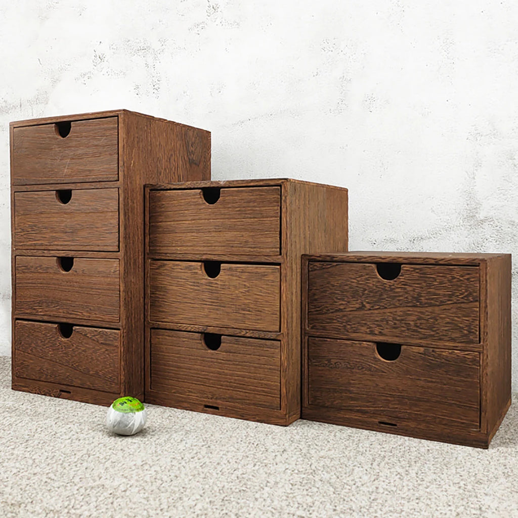 Bamboo Desktop Drawer Organiser for Desk, Vanity & Bedroom | Small Wooden Storage Cabinet | Retro Decorative Drawers, 2, 3 or 4 Tier