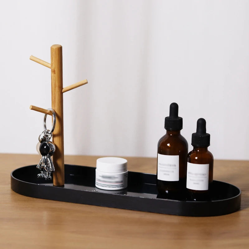 Entryway Key Tray with 3-Tier Wooden Hanging Rack | Key Bowl, Ring Holder & Jewellery Dish Organiser | Minimalist White or Black