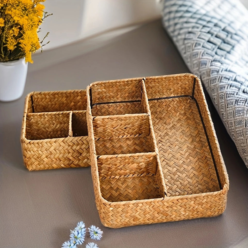 Seagrass Storage Basket with 4 Compartments for Desk, Vanity & Bathroom Counter | Handwoven Wicker Organiser | Eco-Friendly Storage