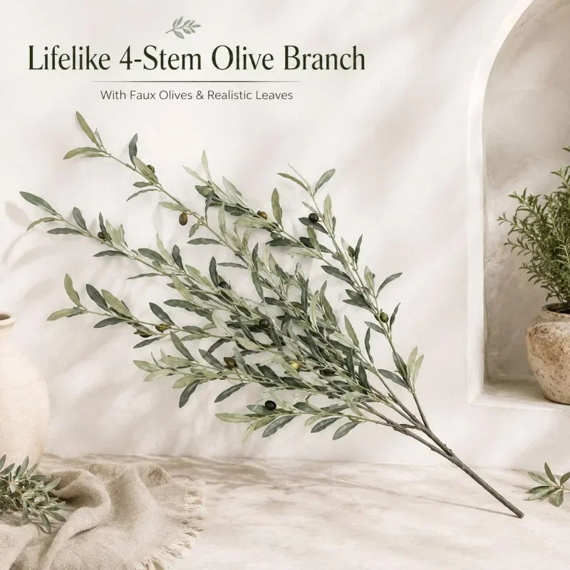 Silk Artificial Olive Branch with Fruit for Tall Vases | 113cm Bendable Faux Greenery Stem | Home & Wedding Decor, Single or 3-Pack
