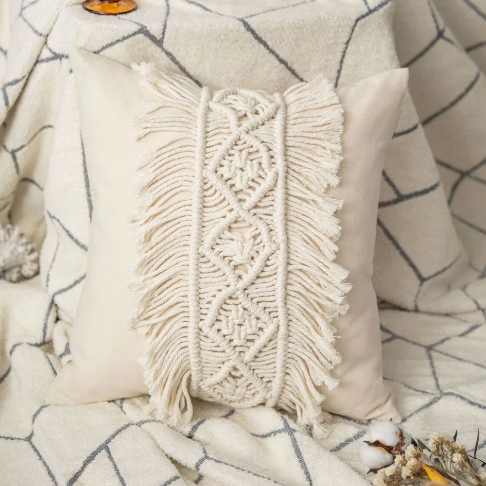 Boho Woven Throw Pillow Cover with Tassels for Sofa & Bed | Handmade Cream Cushion Cover | Bohemian Bedroom Decor | 45x45cm