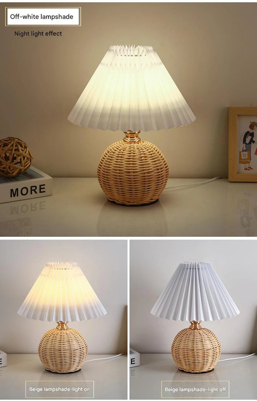 Rattan Table Lamp for Bedroom Nightstand & Reading Corner | Hand-Woven Base with Pleated Umbrella Shade | Vintage Dimmable Bedside Lamp