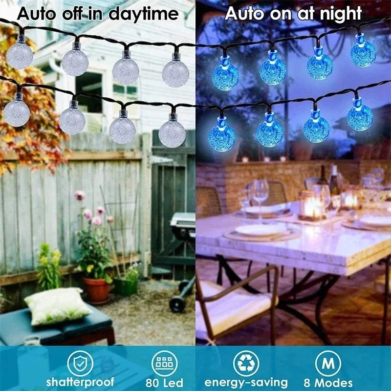 Solar String Lights for Garden, Patio & Christmas Decor | Waterproof Crystal Globe Fairy Lights | Outdoor Solar Festoon Lights, 5m–22m, 4 Colours