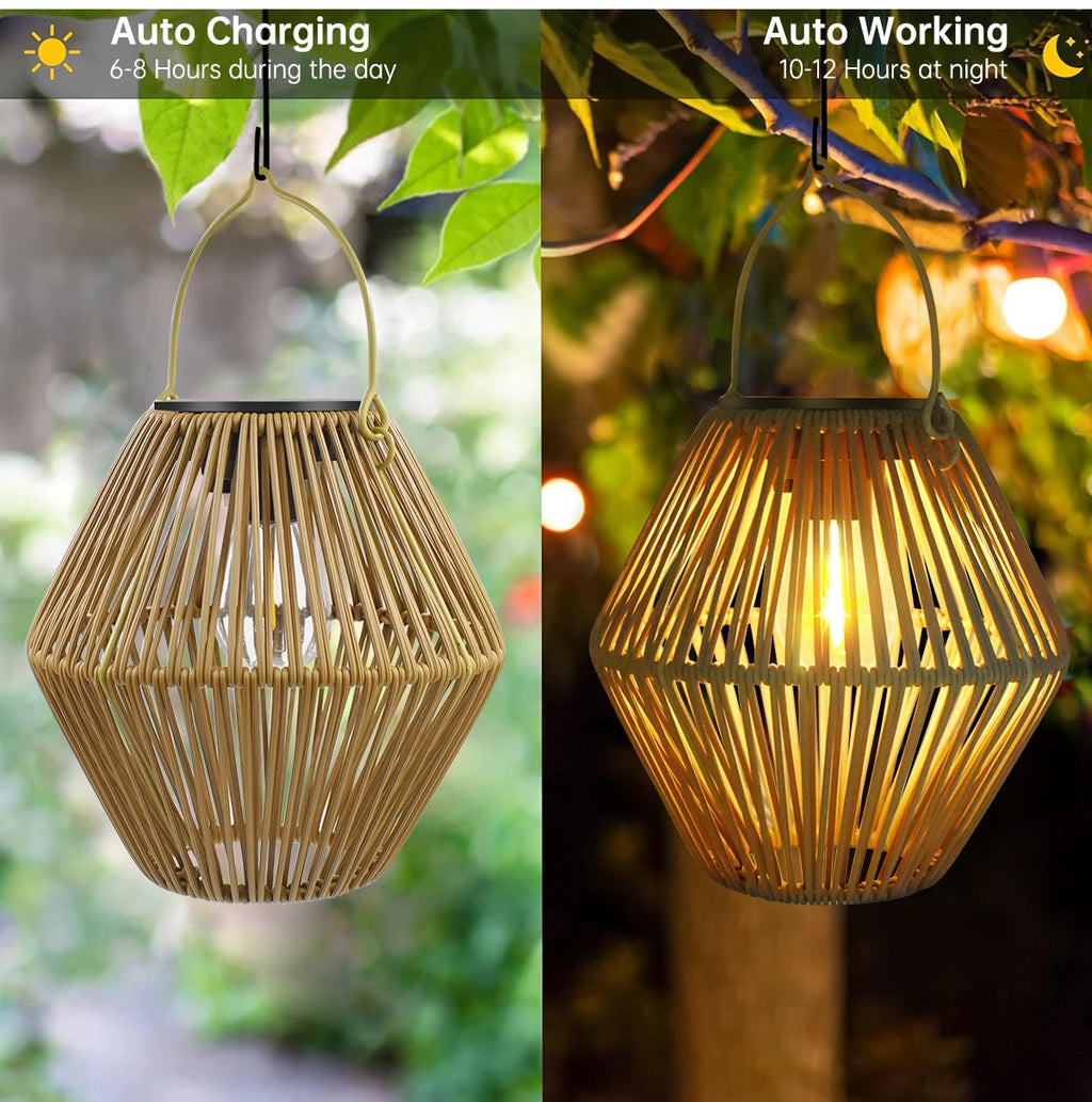 Solar Rattan Lantern for Garden, Patio & Porch | Waterproof Hanging Boho Solar Light | Automatic Outdoor Decorative Lighting, 2 Styles