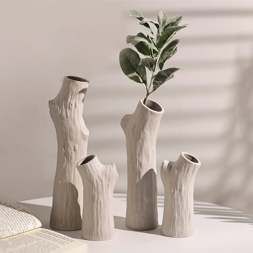 Tree Trunk Ceramic Vase for Living Room & Dining Table | Boho Branch-Shaped Flower Vase | Sculptural Centrepiece in White or Beige, 3 Sizes