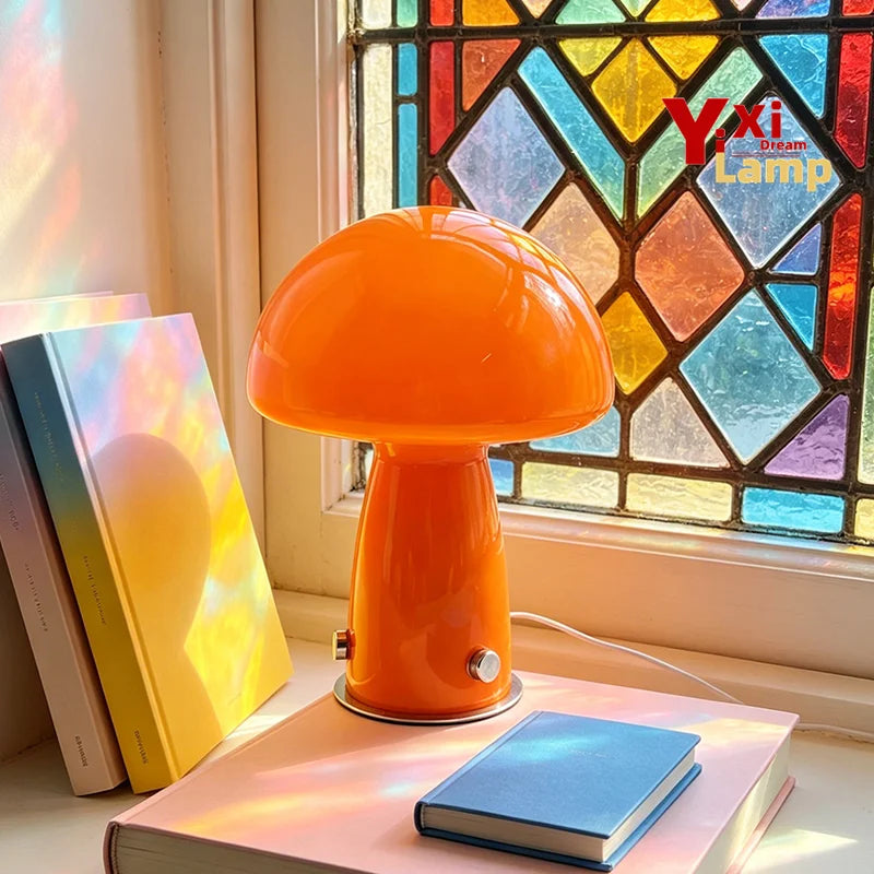 Murano-Style Glass Mushroom Lamp for Bedside & Living Room | Mid-Century Retro Table Lamp | Dimmable Plug-in LED, Swirl or Solid Designs