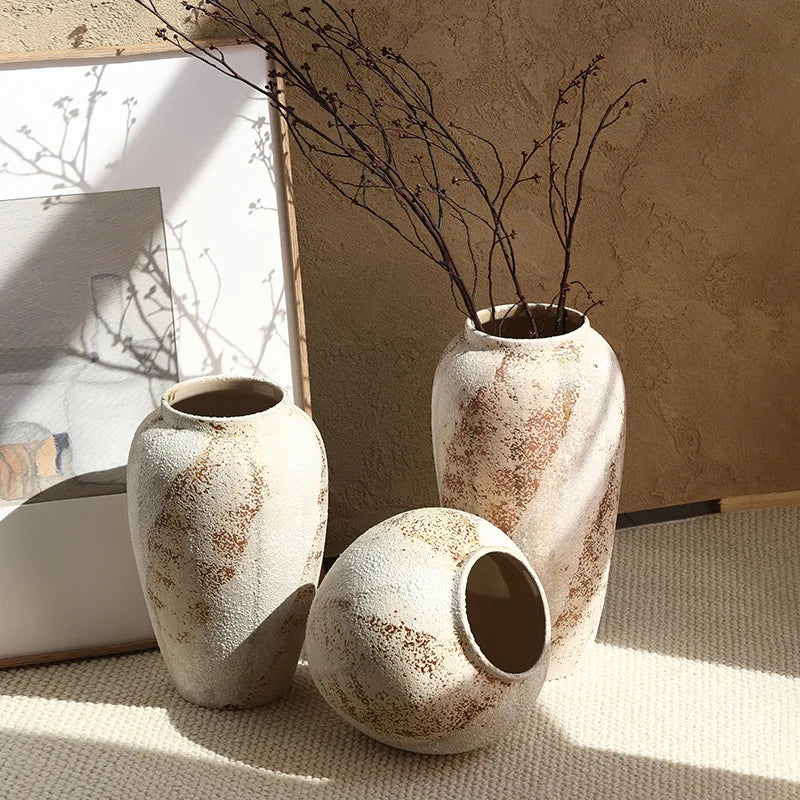 Mottled Ceramic Jar Vase for Entryway, Living Room & TV Cabinet | Wabi-Sabi Antique Pottery Vase | Rustic Floor & Table Decor in S, M, L