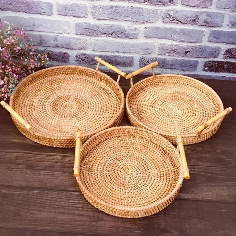 Woven Rattan Bread Basket with Strap Handle for Kitchen & Dining Table | Round Serving Tray for Fruit, Snacks & Picnics | S, M, L or Set of 3