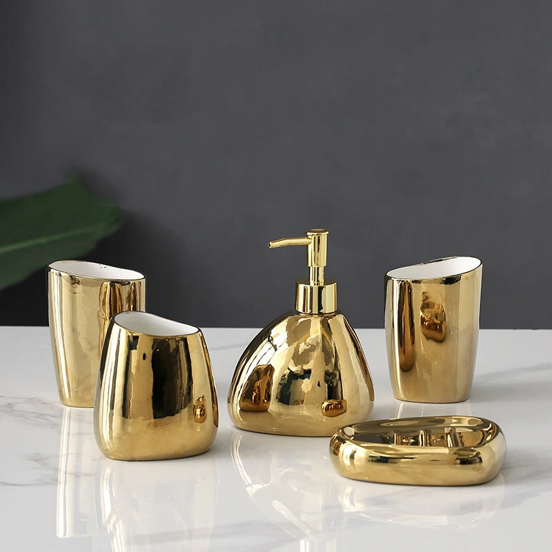 Ceramic Bathroom Accessories Set for Vanity & Bathroom Counter | Soap Dispenser, Tumbler, Toothbrush Holder & Soap Dish | 4 or 5 Pieces in White, Silver or Gold