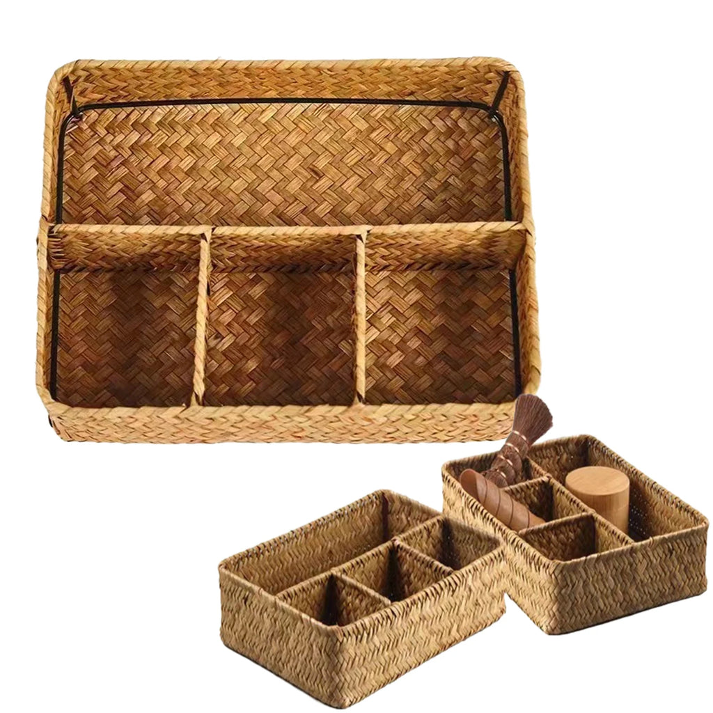 Seagrass Storage Basket with 4 Compartments for Desk, Vanity & Bathroom Counter | Handwoven Wicker Organiser | Eco-Friendly Storage