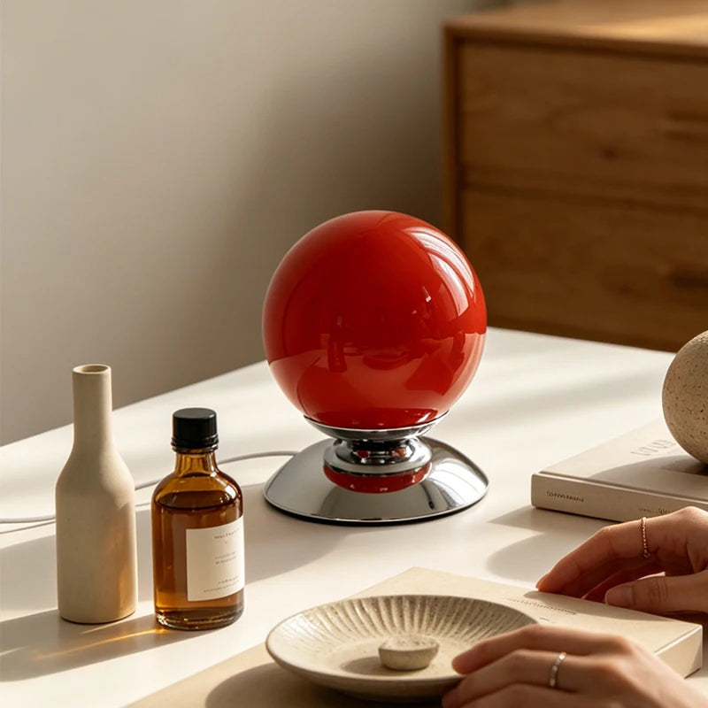 Globe Glass Table Lamp on Plinth for Bedroom & Living Room | Italian-Style Geometric Retro Bedside Lamp | Dimmable, 3 Colour Temperatures