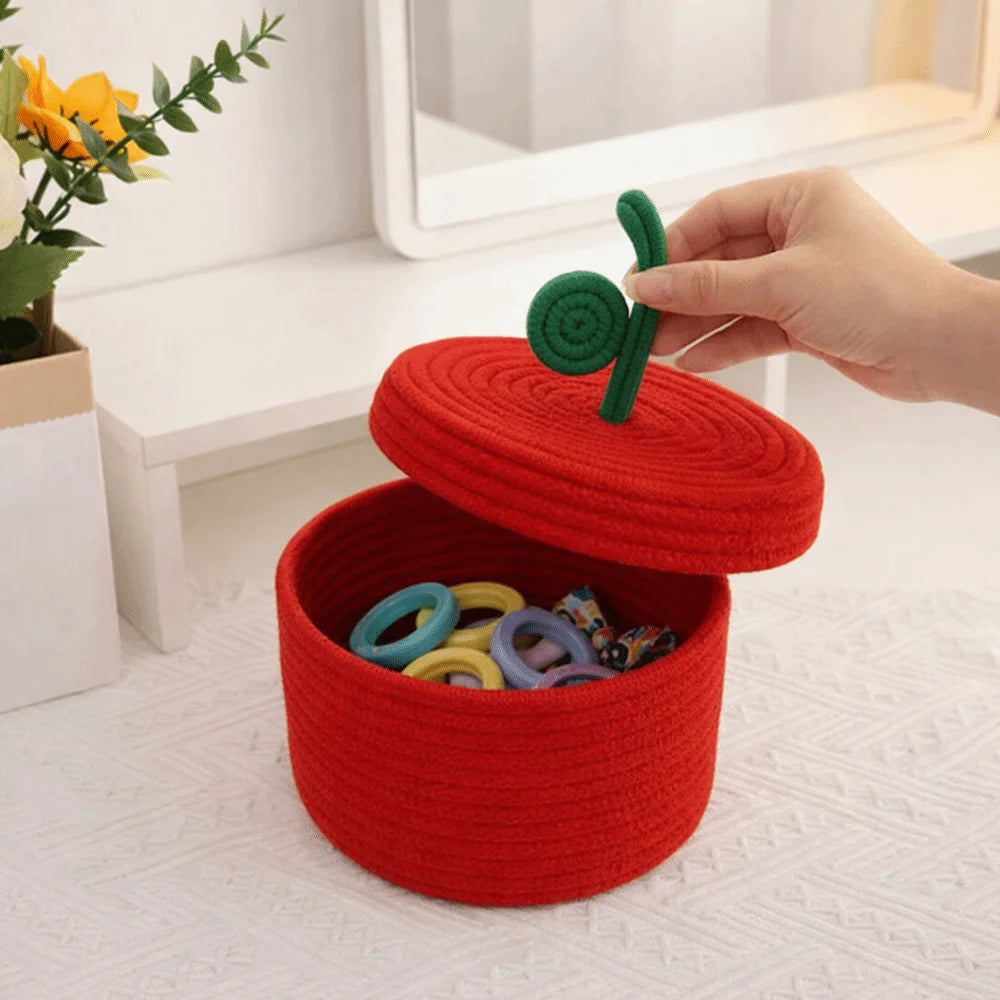 Small Cotton Rope Basket with Lid for Desk, Shelf & Bathroom | Hand-Woven Round Storage Basket | Colourful Lidded Organiser, 20x14cm