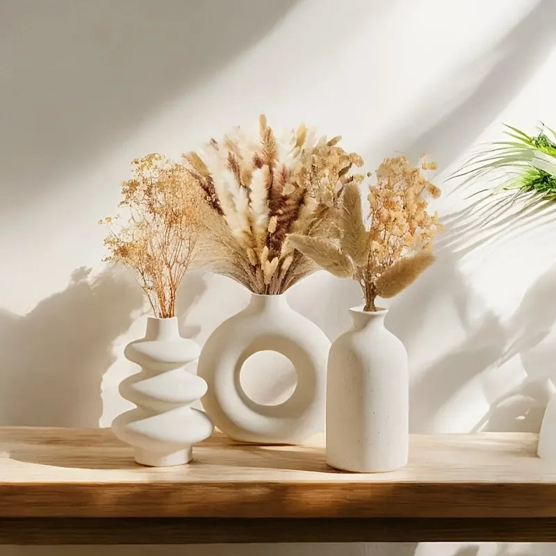 Ceramic Vase Set of 3 for Living Room, Bedroom & Shelf Decor | Boho Minimalist Vase Ornaments | Modern Home Decor in White or Black