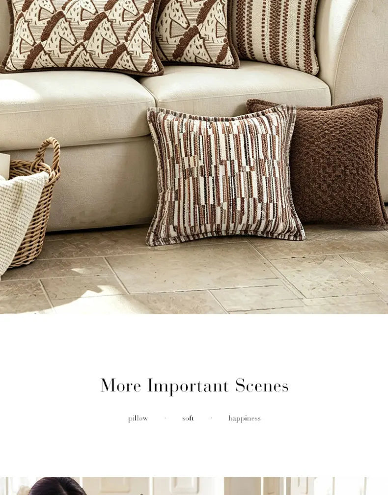 Brown Striped Chenille Throw Pillow Cover for Living Room Sofa & Bed | Textured Neutral Bedroom Decor | 45x45cm & 30x50cm