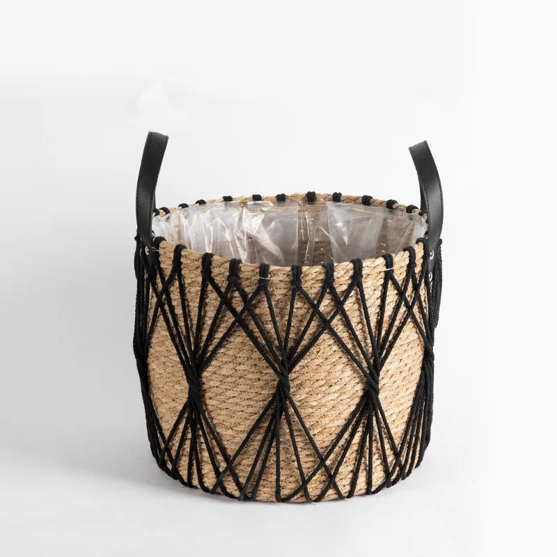 Seagrass Planter Basket with Handles for Indoor Plants & Patio | Natural Woven Plant Pot Cover | Boho Storage Basket, 25cm or 29cm