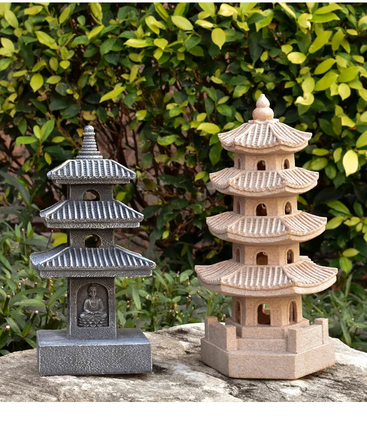 Solar Pagoda Lantern Statue for Garden, Patio & Zen Garden | Japanese Style Resin Garden Ornament | Warm LED Solar Garden Light, 4 Styles