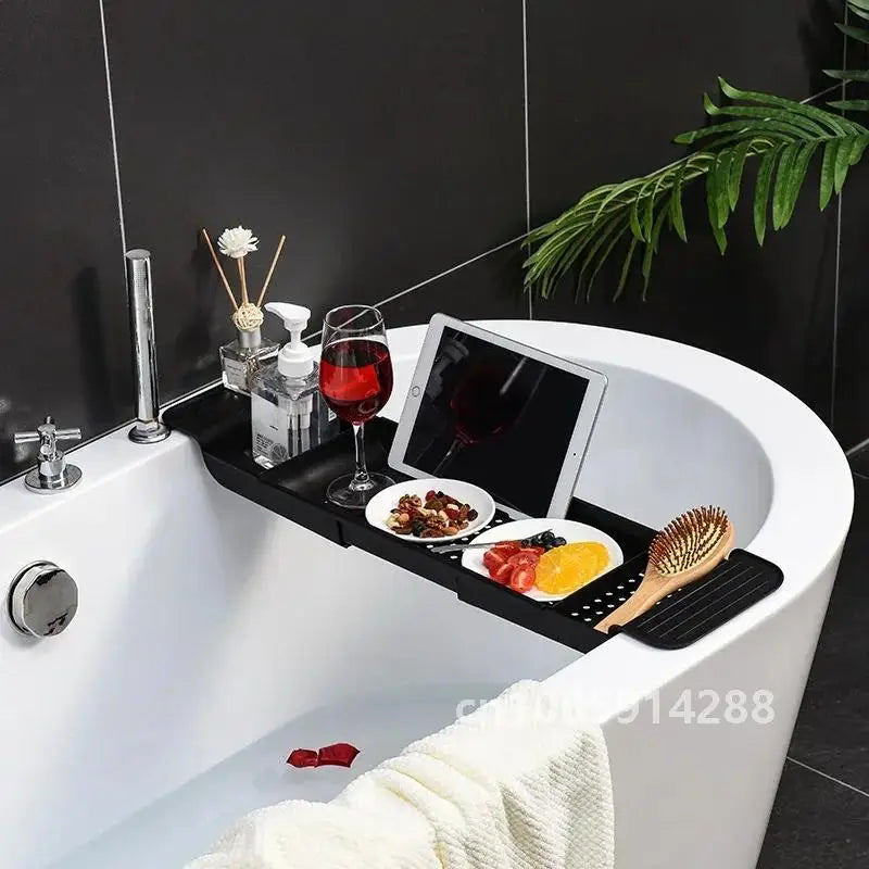 Extendable Bathtub Tray for Relaxing Baths | Bathtub Organiser with Book & Towel Holder | Minimalist Bath Caddy in Black or White