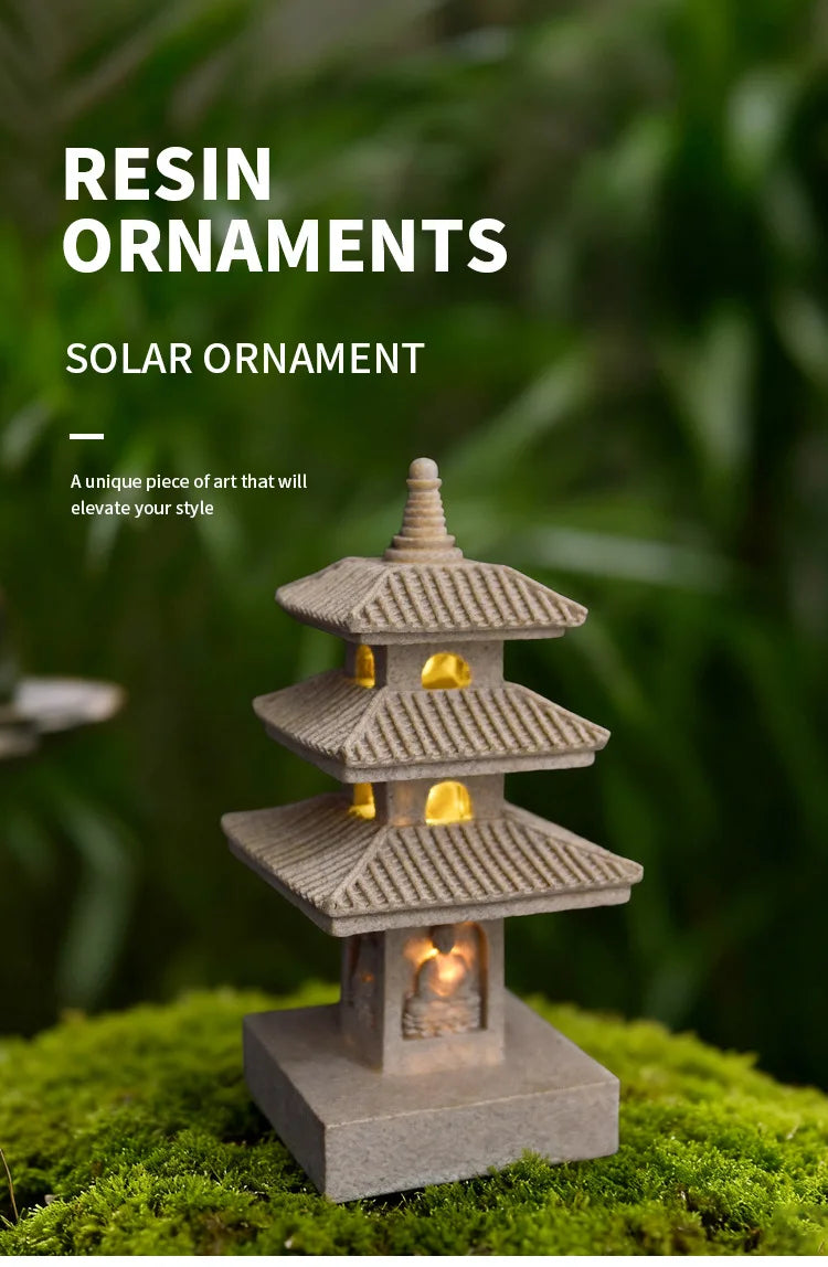 Solar Pagoda Lantern Statue for Garden, Patio & Zen Garden | Japanese Style Resin Garden Ornament | Warm LED Solar Garden Light, 4 Styles