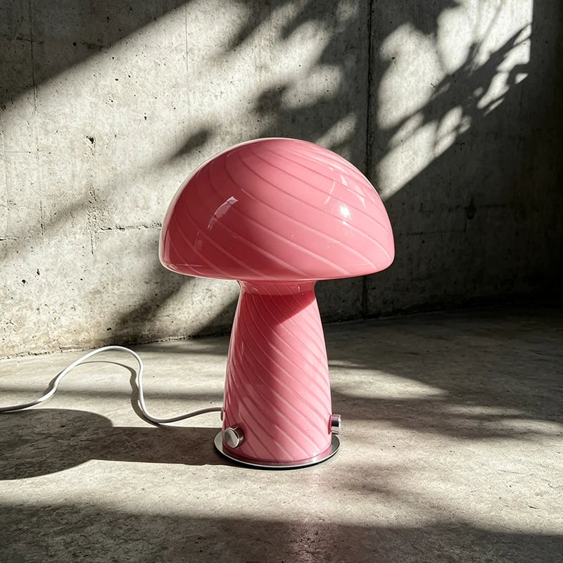 Murano-Style Glass Mushroom Lamp for Bedside & Living Room | Mid-Century Retro Table Lamp | Dimmable Plug-in LED, Swirl or Solid Designs