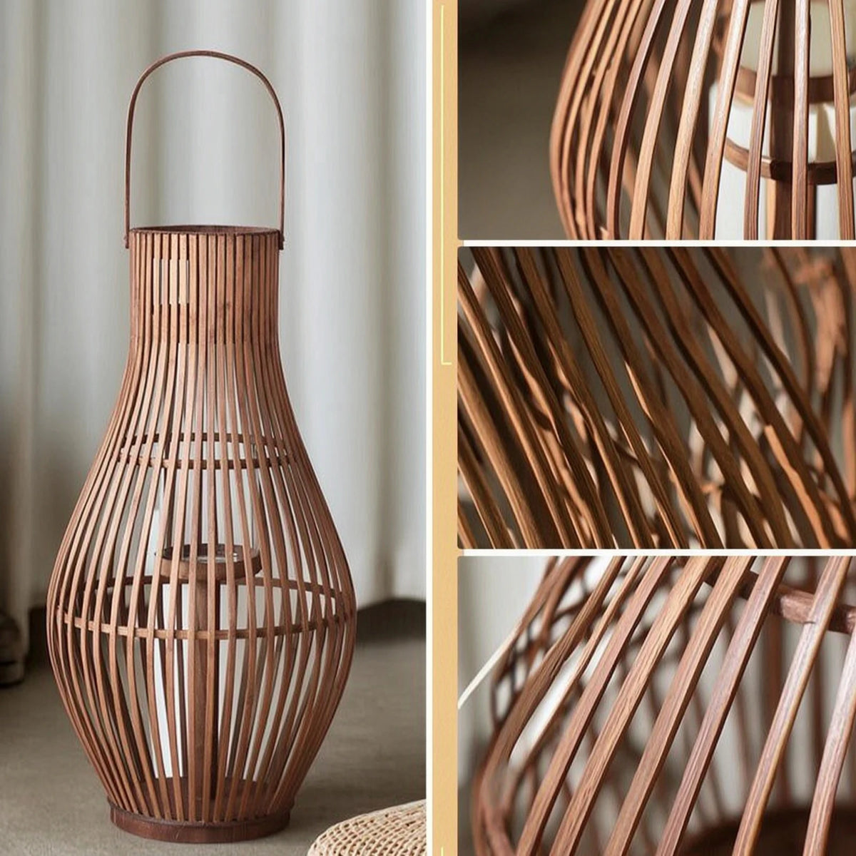 Bamboo Floor Lantern for Patio, Garden & Living Room | Handwoven Boho Lantern with LED Candle | Rustic Decorative Lighting, Small or Large