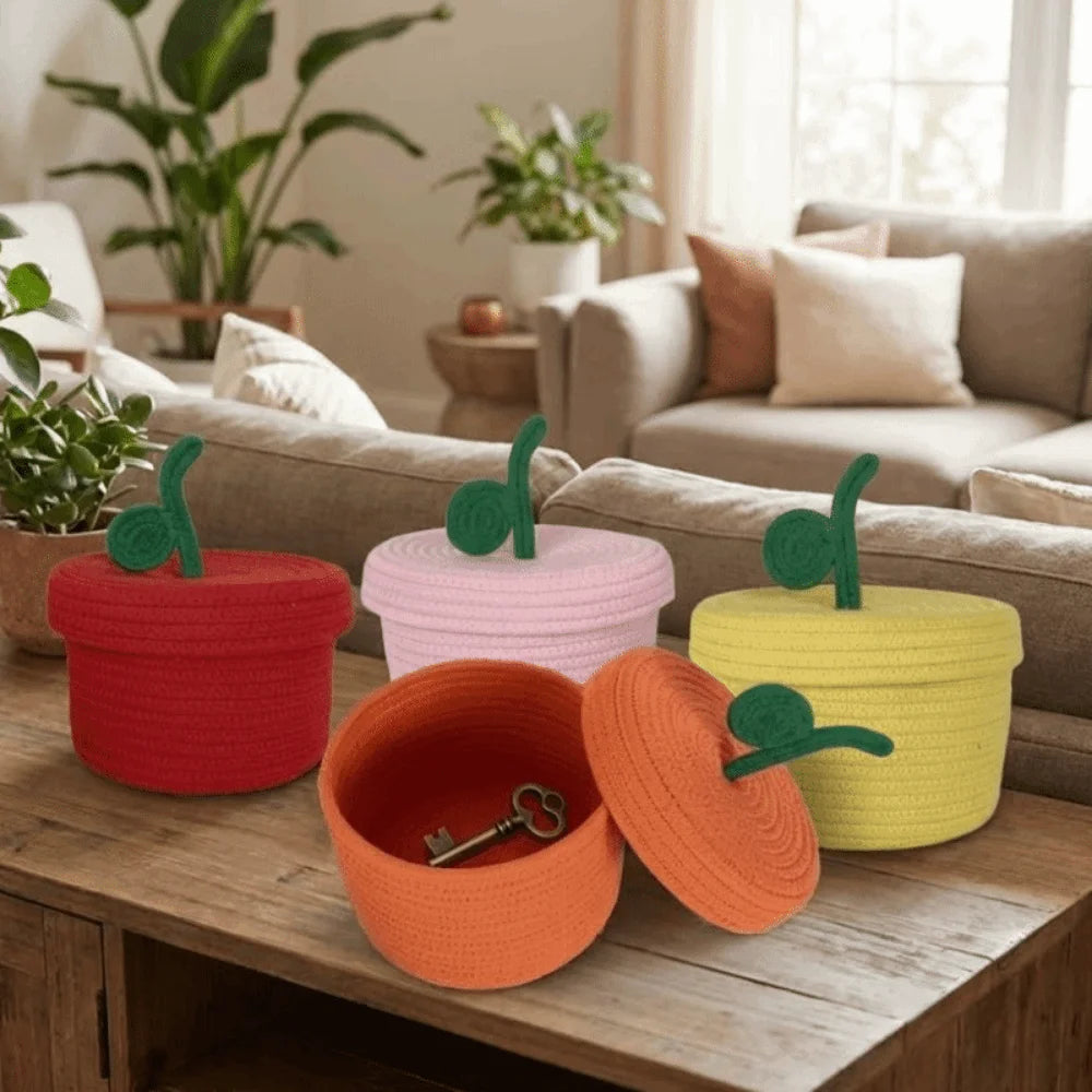 Small Cotton Rope Basket with Lid for Desk, Shelf & Bathroom | Hand-Woven Round Storage Basket | Colourful Lidded Organiser, 20x14cm