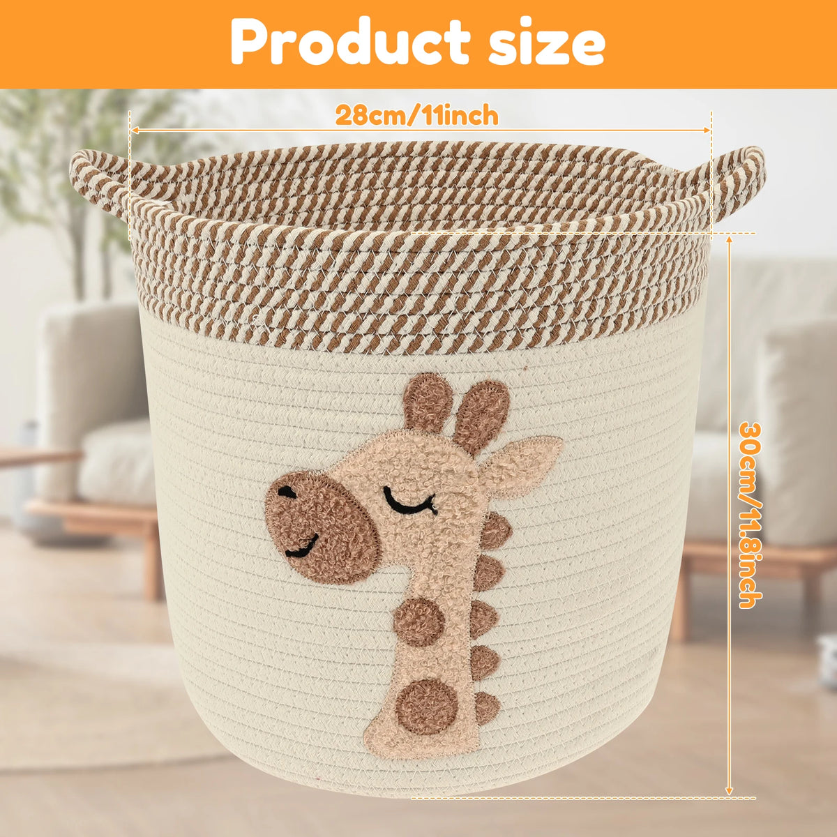 Cotton Rope Storage Basket for Living Room, Nursery & Bedroom | Woven Blanket & Toy Basket with Embroidery | Laundry Hamper 30x28cm