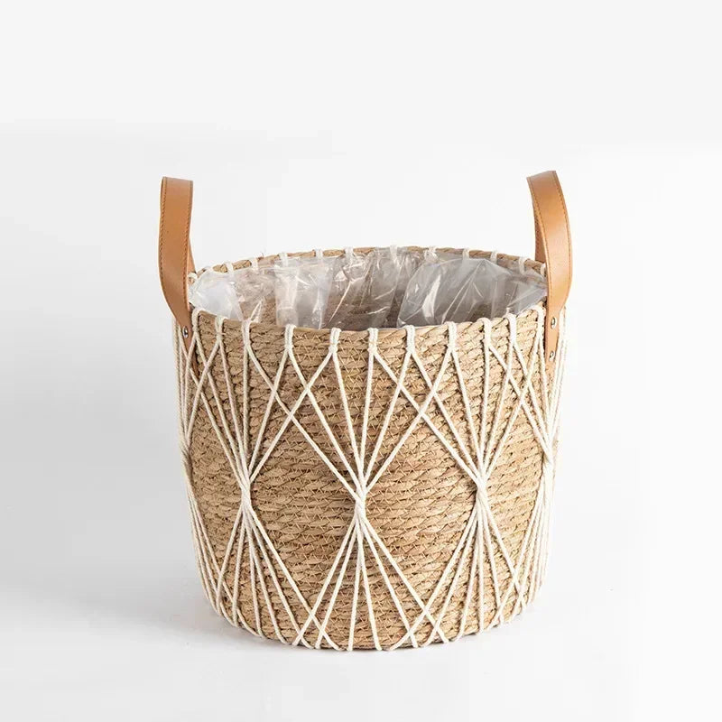 Seagrass Planter Basket with Handles for Indoor Plants & Patio | Natural Woven Plant Pot Cover | Boho Storage Basket, 25cm or 29cm