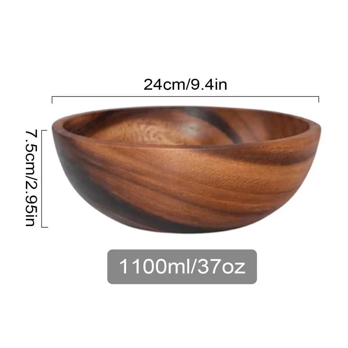 Solid Acacia Wood Serving Bowl for Salads, Snacks & Fruit | One-Piece Hand-Finished Wooden Bowl | Food-Safe Kitchen Tableware, 250ml–1100ml