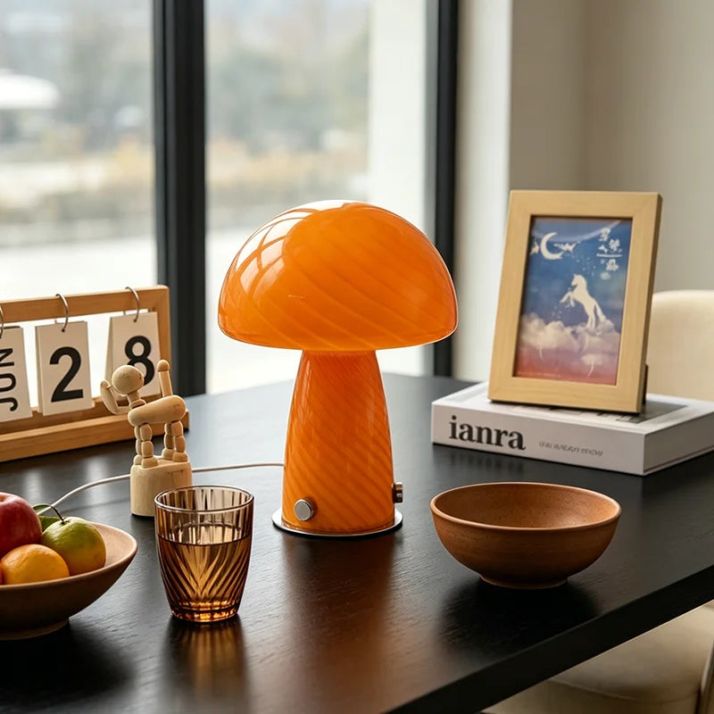 Murano-Style Glass Mushroom Lamp for Bedside & Living Room | Mid-Century Retro Table Lamp | Dimmable Plug-in LED, Swirl or Solid Designs