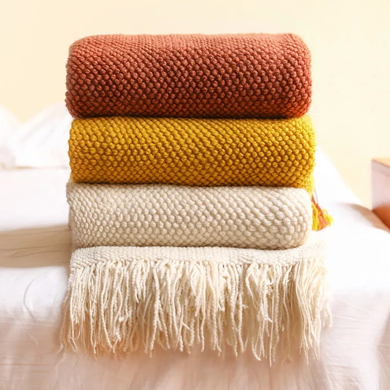 Chunky Knit Throw Blanket with Tassels for Sofa & Bed | Boho Cozy Bedroom Decor | Soft Textured Knit Blanket | 12 Colours