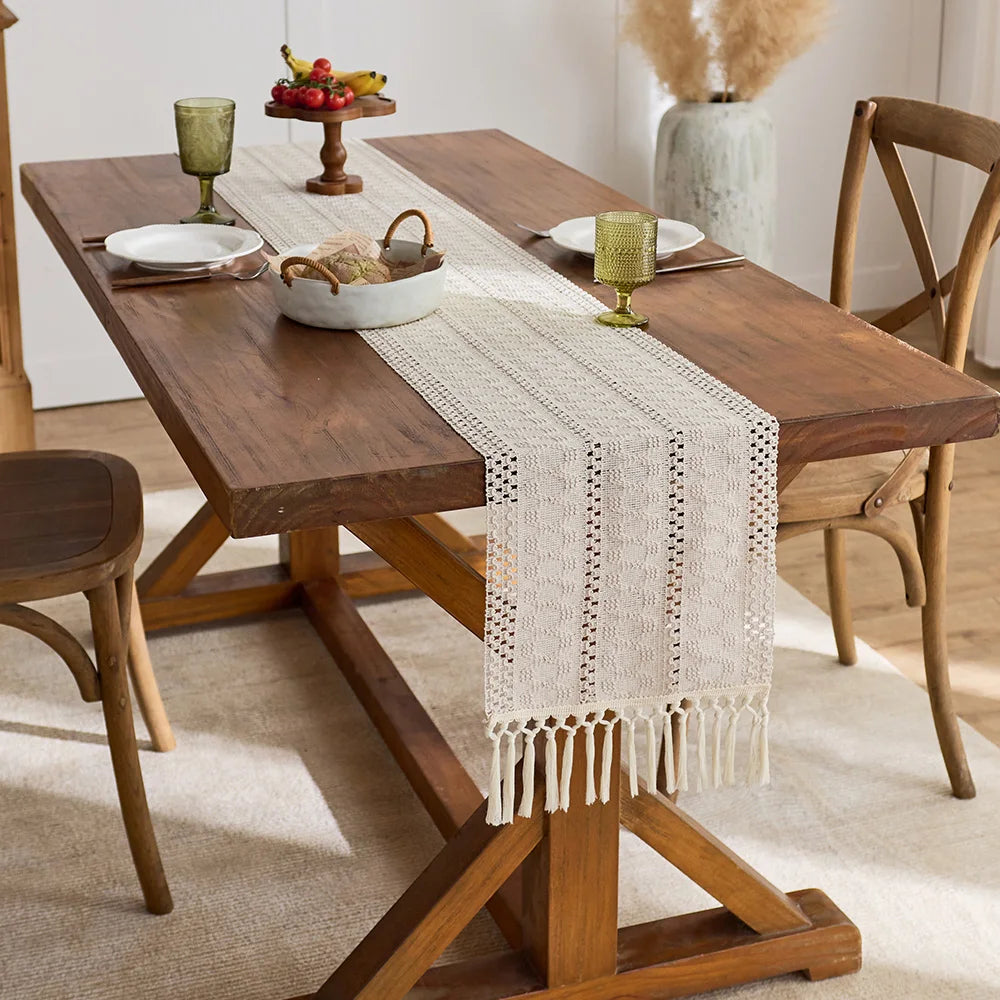 Boho Table Runner with Tassels for Kitchen & Dining Table | Beige Woven Farmhouse Table Runner | Rustic Table Decor, 9 Sizes 30x50cm to 30x300cm
