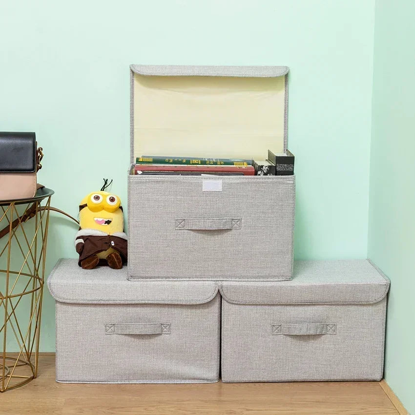 Foldable Cotton Linen Storage Box with Lid for Closet, Nursery & Shelves | Washable Fabric Storage Bin | Toy & Clothes Organiser, 2 Sizes