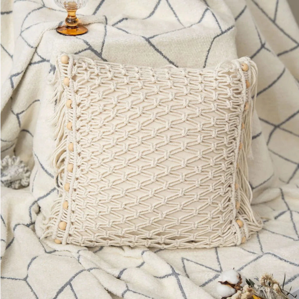 Boho Woven Throw Pillow Cover with Tassels for Sofa & Bed | Handmade Cream Cushion Cover | Bohemian Bedroom Decor | 45x45cm